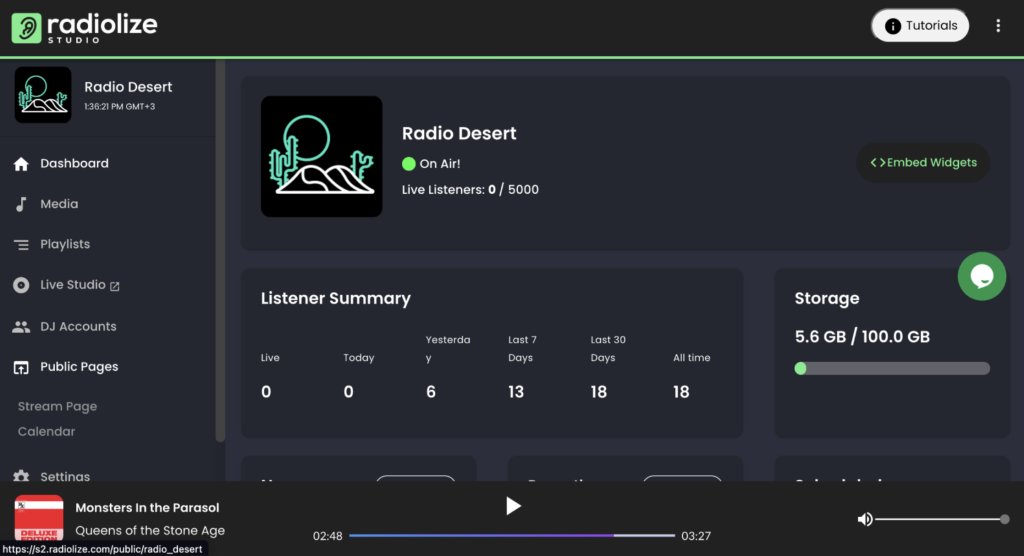 Radiolize studio dashboard.
