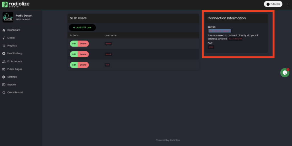 Radiolize studio dashboard.